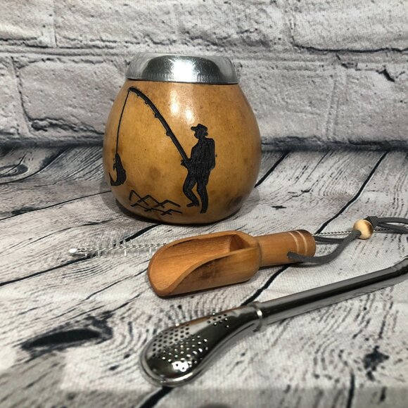 Yerba Mate Gourd Straw Stainless Cup KIT ARTISAN HANDMADE Fisherman - Picture 2 of 7